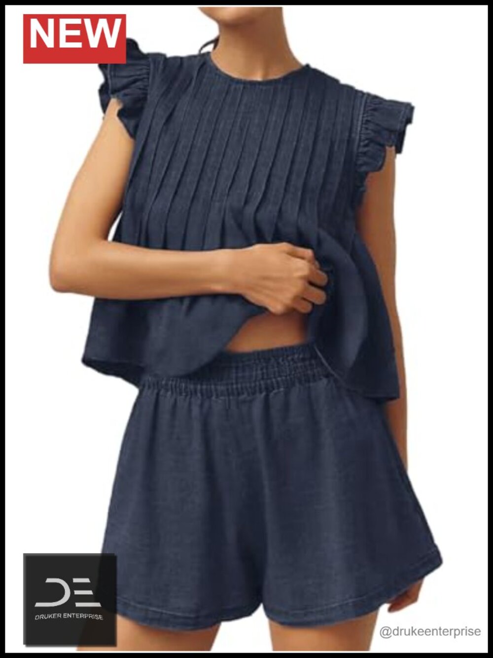Women's Denim 2 Piece Outfit Ruffle Sleeve Top & High Waisted Shorts Set